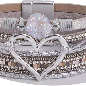 Heart Leather Wrap Bracelet Silver Boho Cuff Rhinetone Magnetic Clasp Women